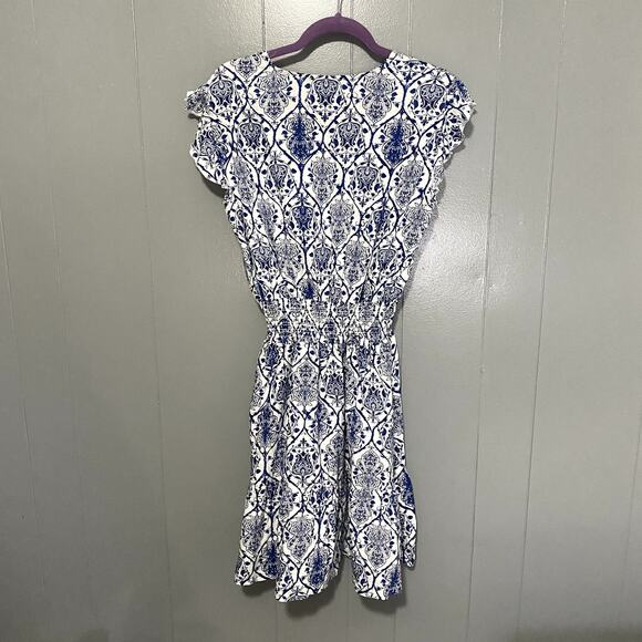Saks Fifth Avenue Blue Printed Linen Smocked A-line Summer Mini Dress M - Picture 5 of 7